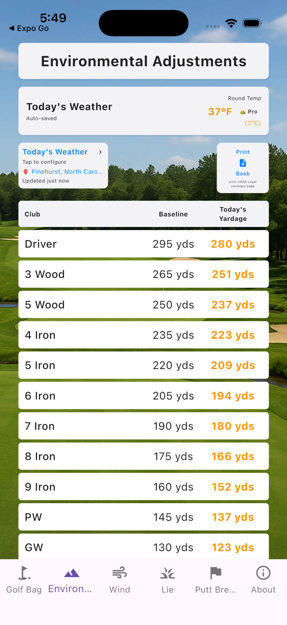 Course Caddy Environmental Adjustments Screen